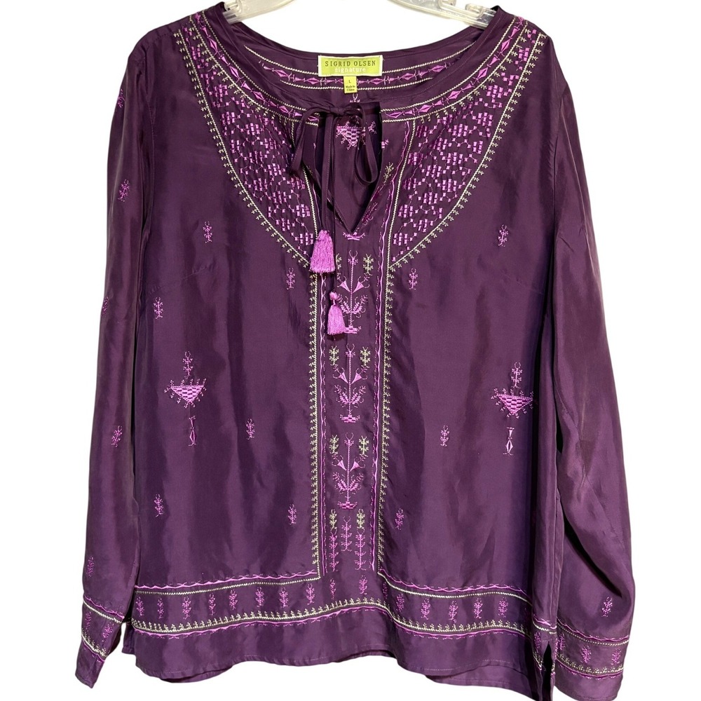 Sigrid Olsen Signature Silk Embroidered Peasant Blouse Purple Tassel Boho Large